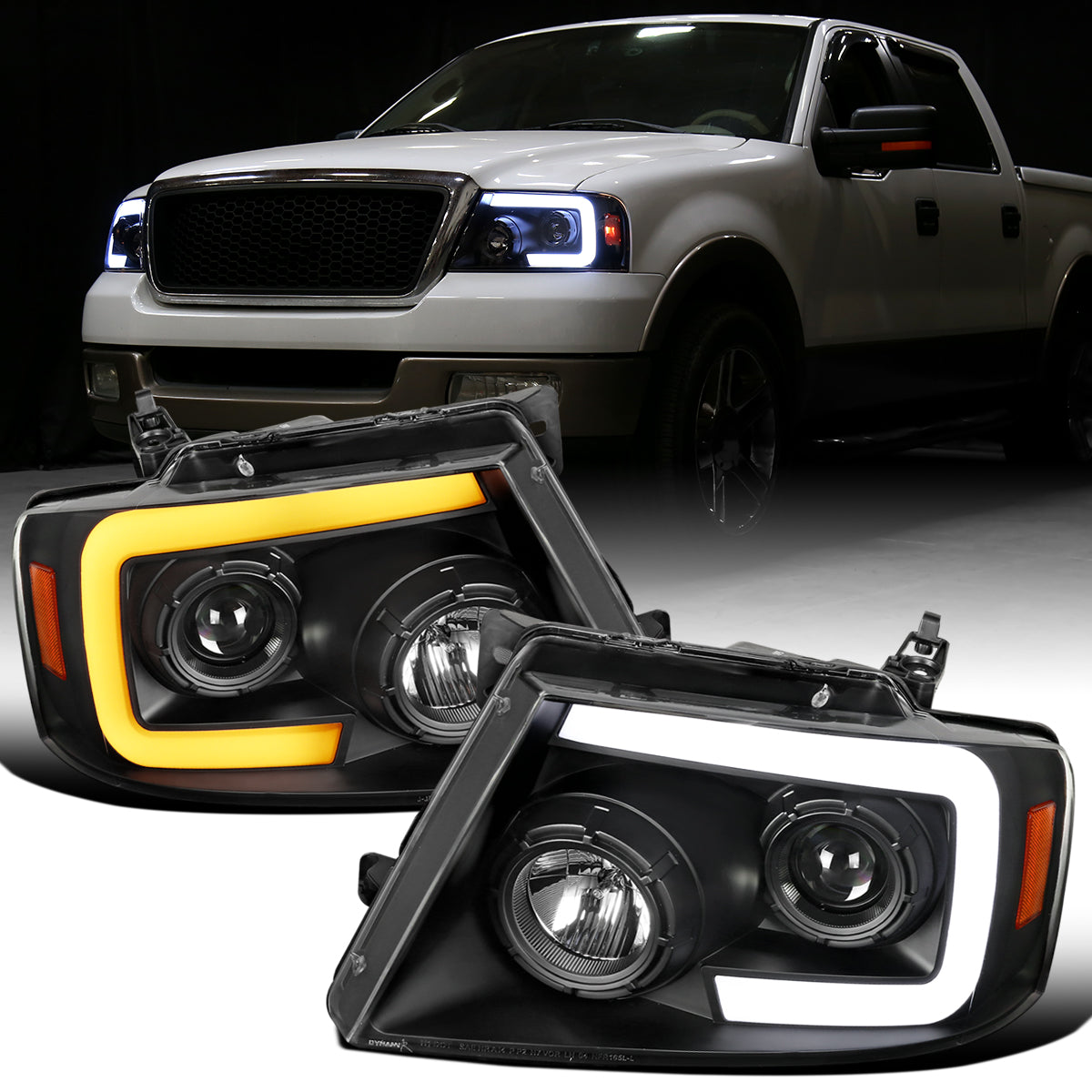 Ronnin - Fits 2004-2008 Ford F150 2006-2008 Lincoln Mark LT Upgraded LED Switchback Sequential Turn Signal Projector Headlights Assembly Pair | Black