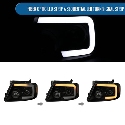 Ronnin - Fits 2004-2008 Ford F150 2006-2008 Lincoln Mark LT Upgraded LED Switchback Sequential Turn Signal Projector Headlights Assembly Pair | Black Smoke