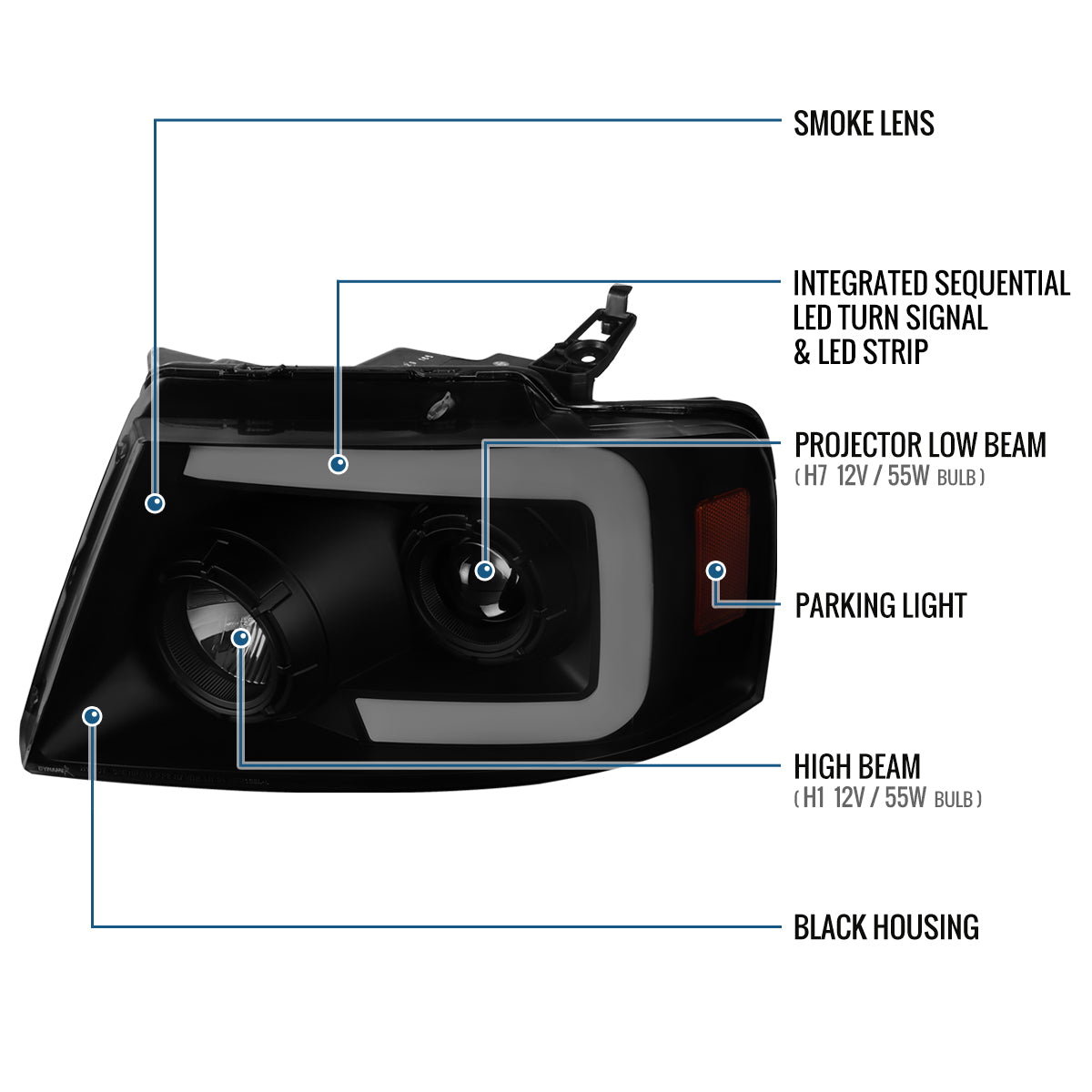 Ronnin - Fits 2004-2008 Ford F150 2006-2008 Lincoln Mark LT Upgraded LED Switchback Sequential Turn Signal Projector Headlights Assembly Pair | Black Smoke