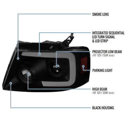 Ronnin - Fits 2004-2008 Ford F150 2006-2008 Lincoln Mark LT Upgraded LED Switchback Sequential Turn Signal Projector Headlights Assembly Pair | Black Smoke