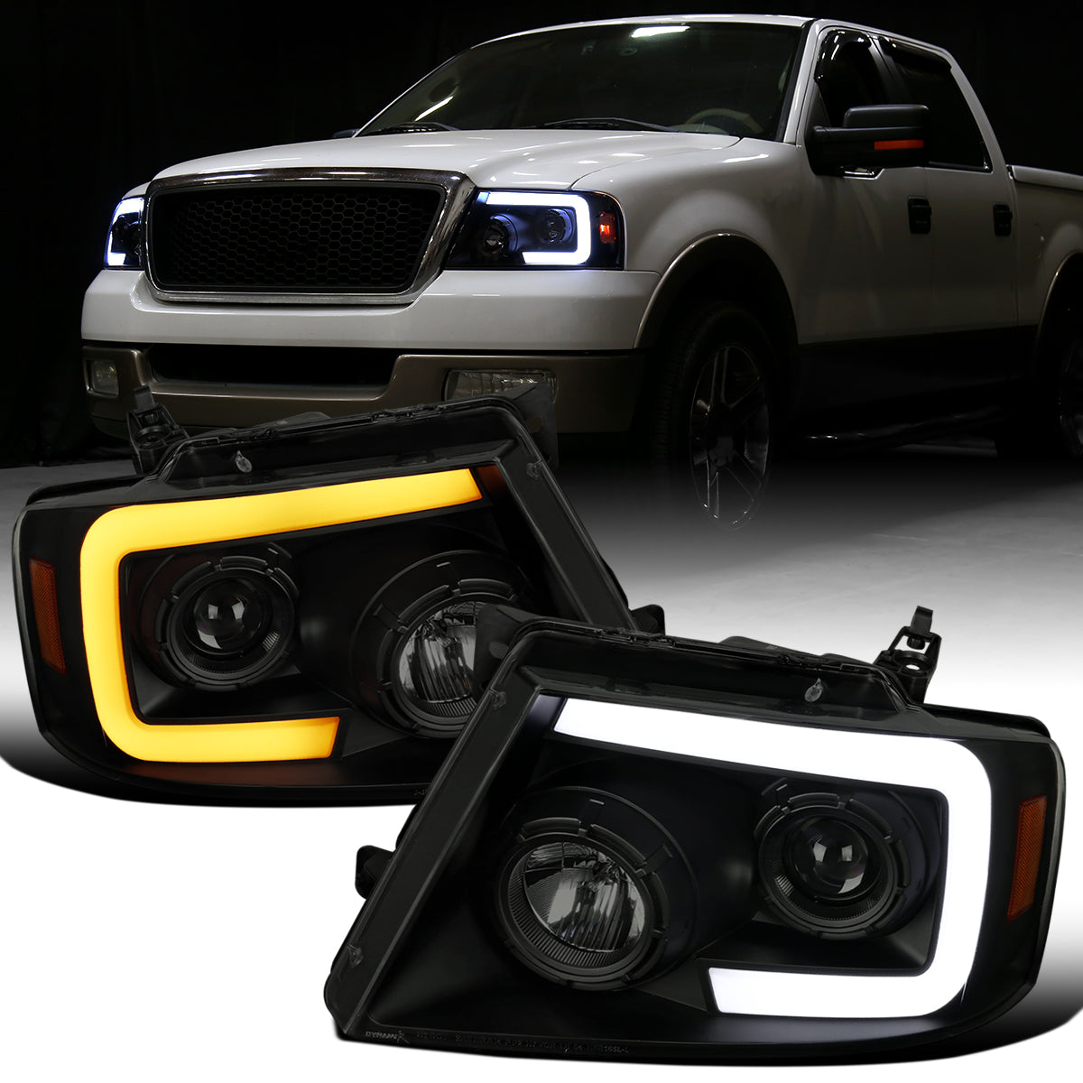 Ronnin - Fits 2004-2008 Ford F150 2006-2008 Lincoln Mark LT Upgraded LED Switchback Sequential Turn Signal Projector Headlights Assembly Pair | Black Smoke
