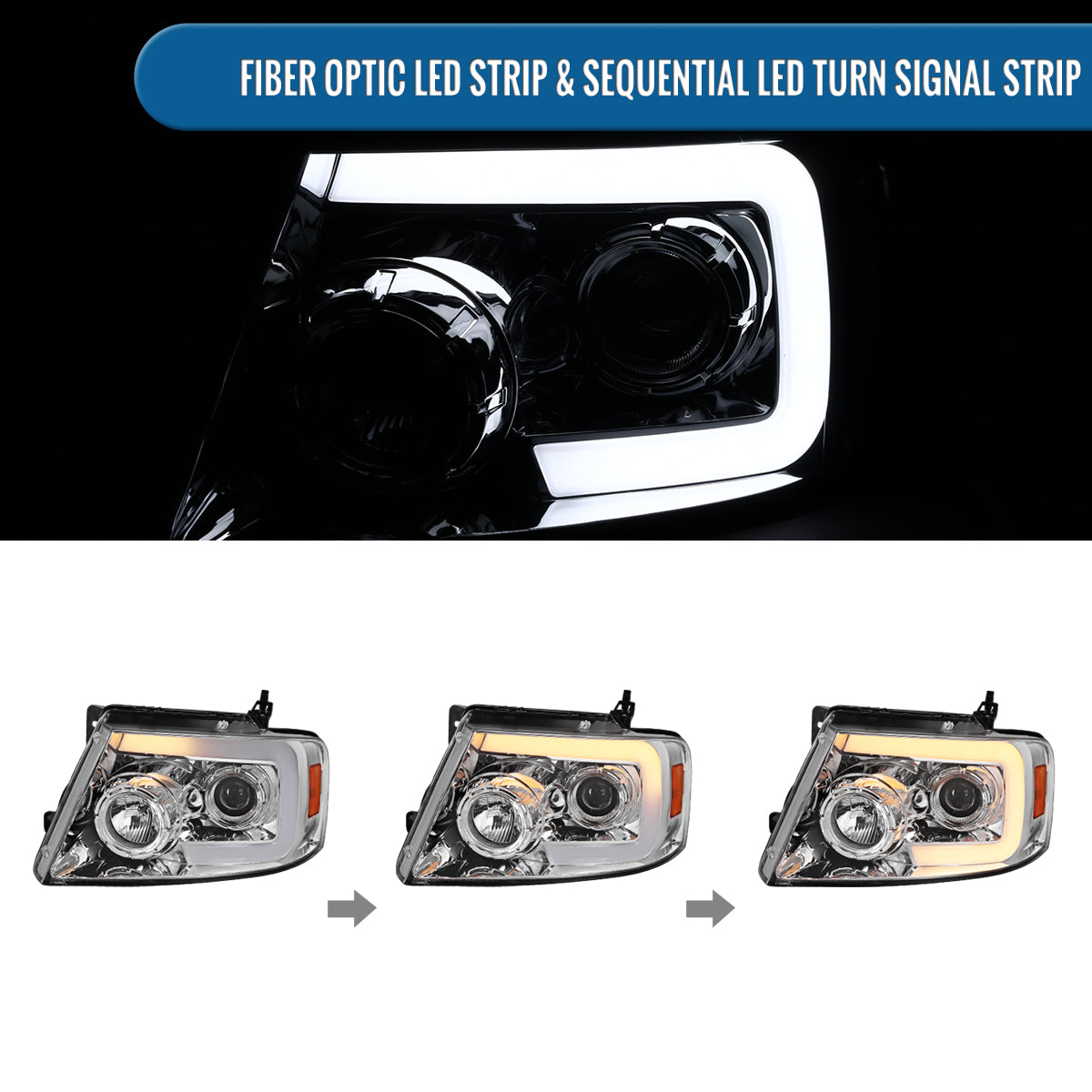 Ronnin - Fits 2004-2008 Ford F150 2006-2008 Lincoln Mark LT Upgraded LED Switchback Sequential Turn Signal Projector Headlights Assembly Pair | Chrome