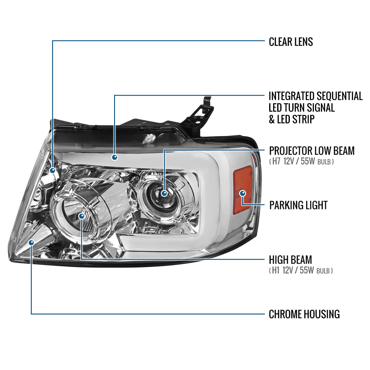Ronnin - Fits 2004-2008 Ford F150 2006-2008 Lincoln Mark LT Upgraded LED Switchback Sequential Turn Signal Projector Headlights Assembly Pair | Chrome