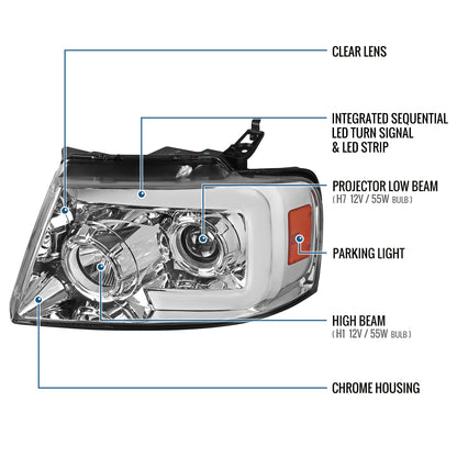 Ronnin - Fits 2004-2008 Ford F150 2006-2008 Lincoln Mark LT Upgraded LED Switchback Sequential Turn Signal Projector Headlights Assembly Pair | Chrome