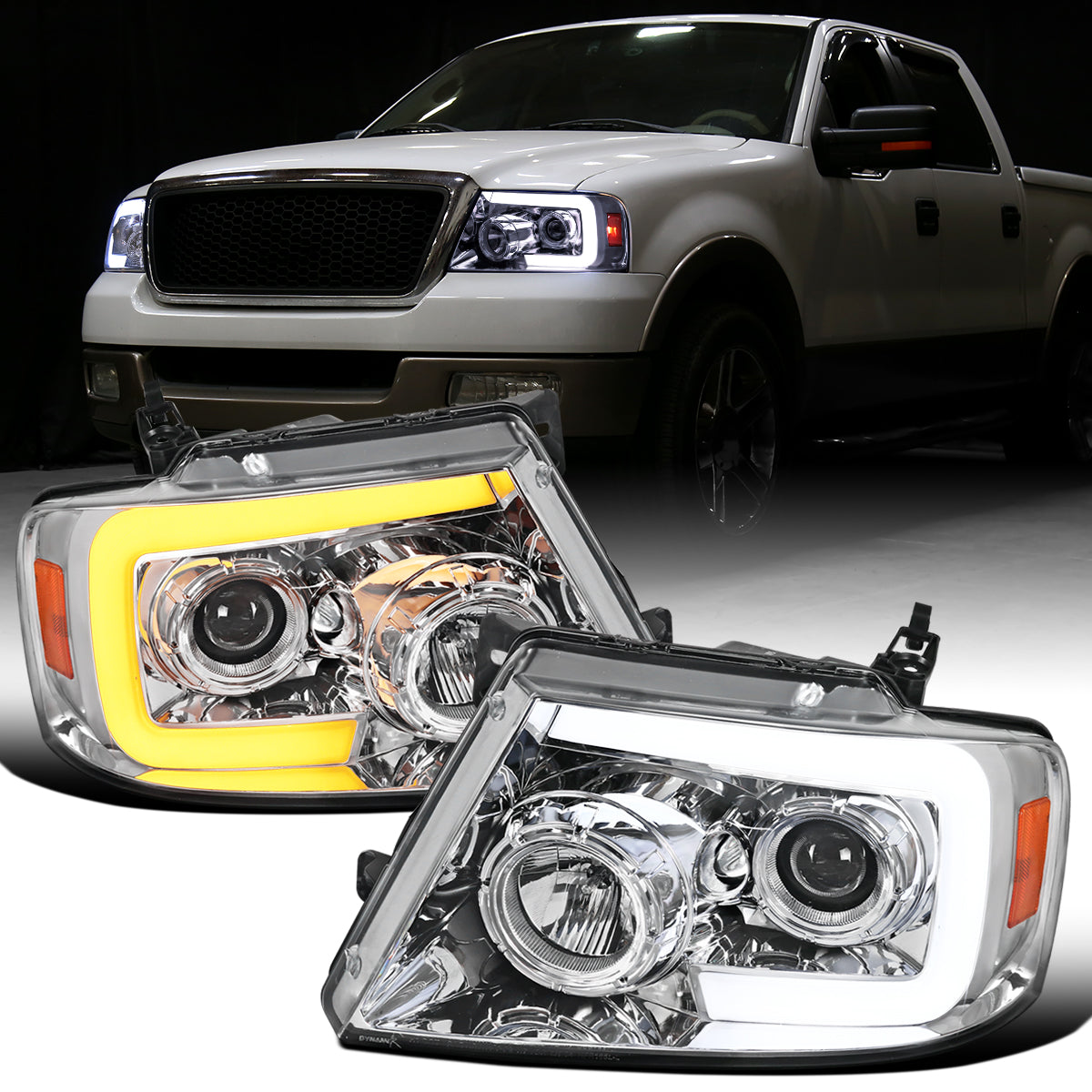 Ronnin - Fits 2004-2008 Ford F150 2006-2008 Lincoln Mark LT Upgraded LED Switchback Sequential Turn Signal Projector Headlights Assembly Pair | Chrome