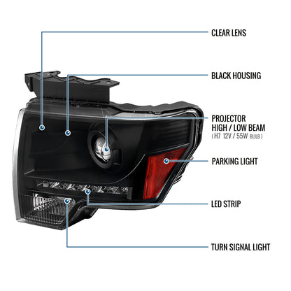 Ronnin - Fits 2009-2014 Ford F150 Pickup Truck Retro Style Replacement LED Running Lights Projector Halogen Headlights Assembly Pair | Black