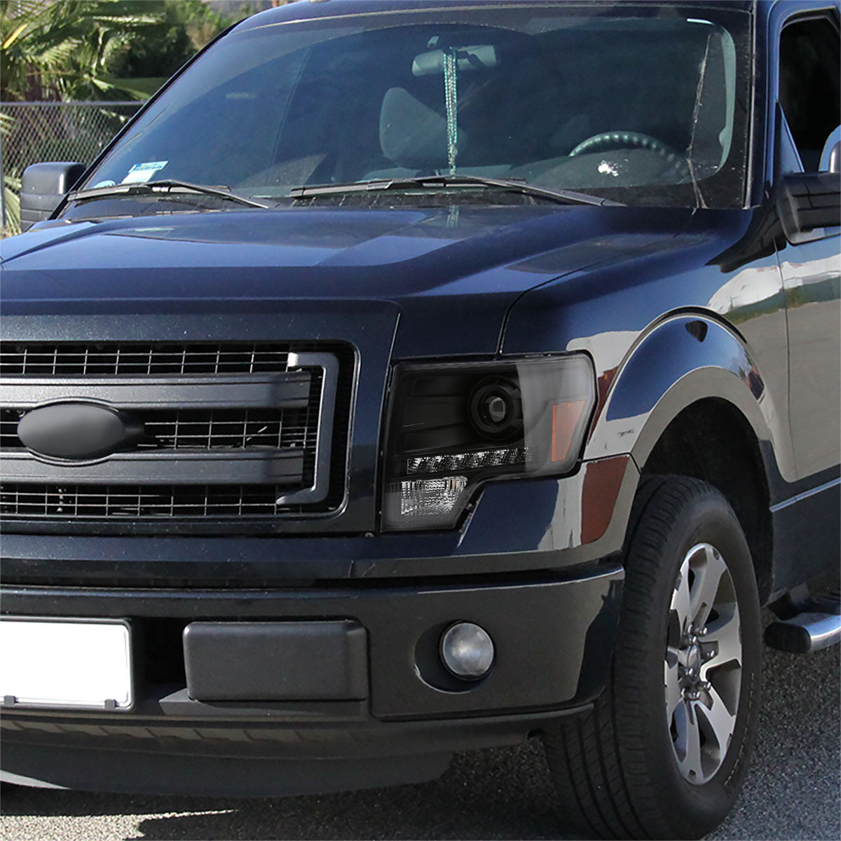 Ronnin - Fits 2009-2014 Ford F150 Pickup Truck Retro Style Replacement LED Running Lights Projector Halogen Headlights Assembly Pair | Black