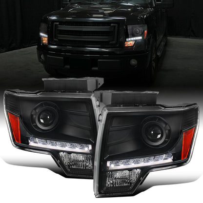 Ronnin - Fits 2009-2014 Ford F150 Pickup Truck Retro Style Replacement LED Running Lights Projector Halogen Headlights Assembly Pair | Black