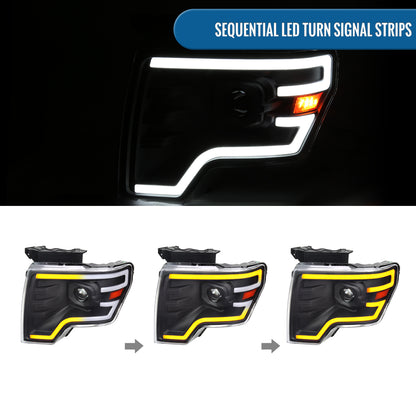 Ronnin - Fits 2009-2014 Ford F150 Pickup Truck Upgraded Halogen Projector Headlights LED Switchback Sequential Turn Signals + Animated Startup Effect Assembly Pair | Black