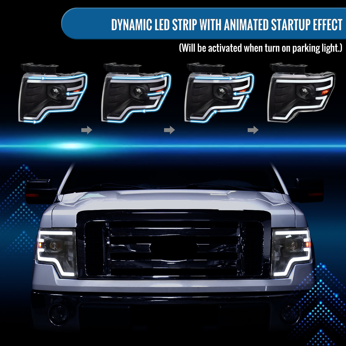 Ronnin - Fits 2009-2014 Ford F150 Pickup Truck Upgraded Halogen Projector Headlights LED Switchback Sequential Turn Signals + Animated Startup Effect Assembly Pair | Black