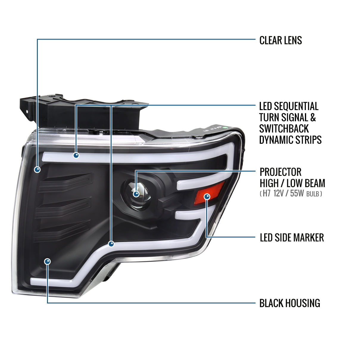 Ronnin - Fits 2009-2014 Ford F150 Pickup Truck Upgraded Halogen Projector Headlights LED Switchback Sequential Turn Signals + Animated Startup Effect Assembly Pair | Black