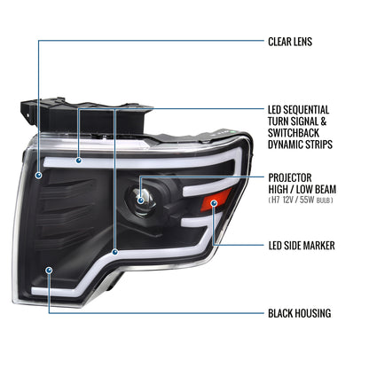 Ronnin - Fits 2009-2014 Ford F150 Pickup Truck Upgraded Halogen Projector Headlights LED Switchback Sequential Turn Signals + Animated Startup Effect Assembly Pair | Black