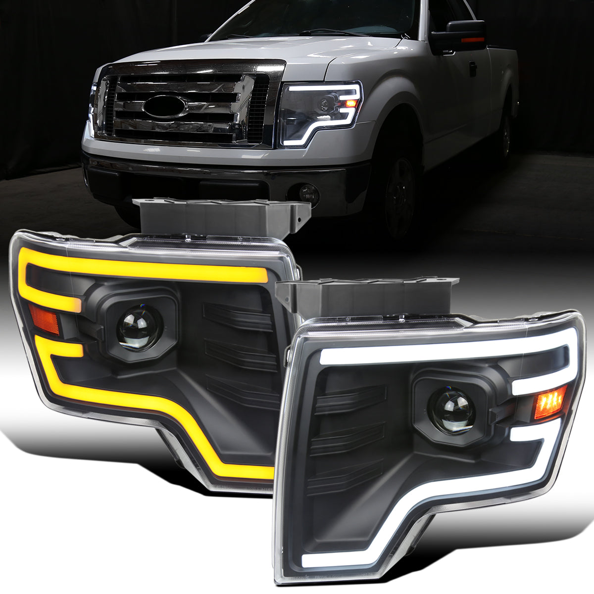 Ronnin - Fits 2009-2014 Ford F150 Pickup Truck Upgraded Halogen Projector Headlights LED Switchback Sequential Turn Signals + Animated Startup Effect Assembly Pair | Black