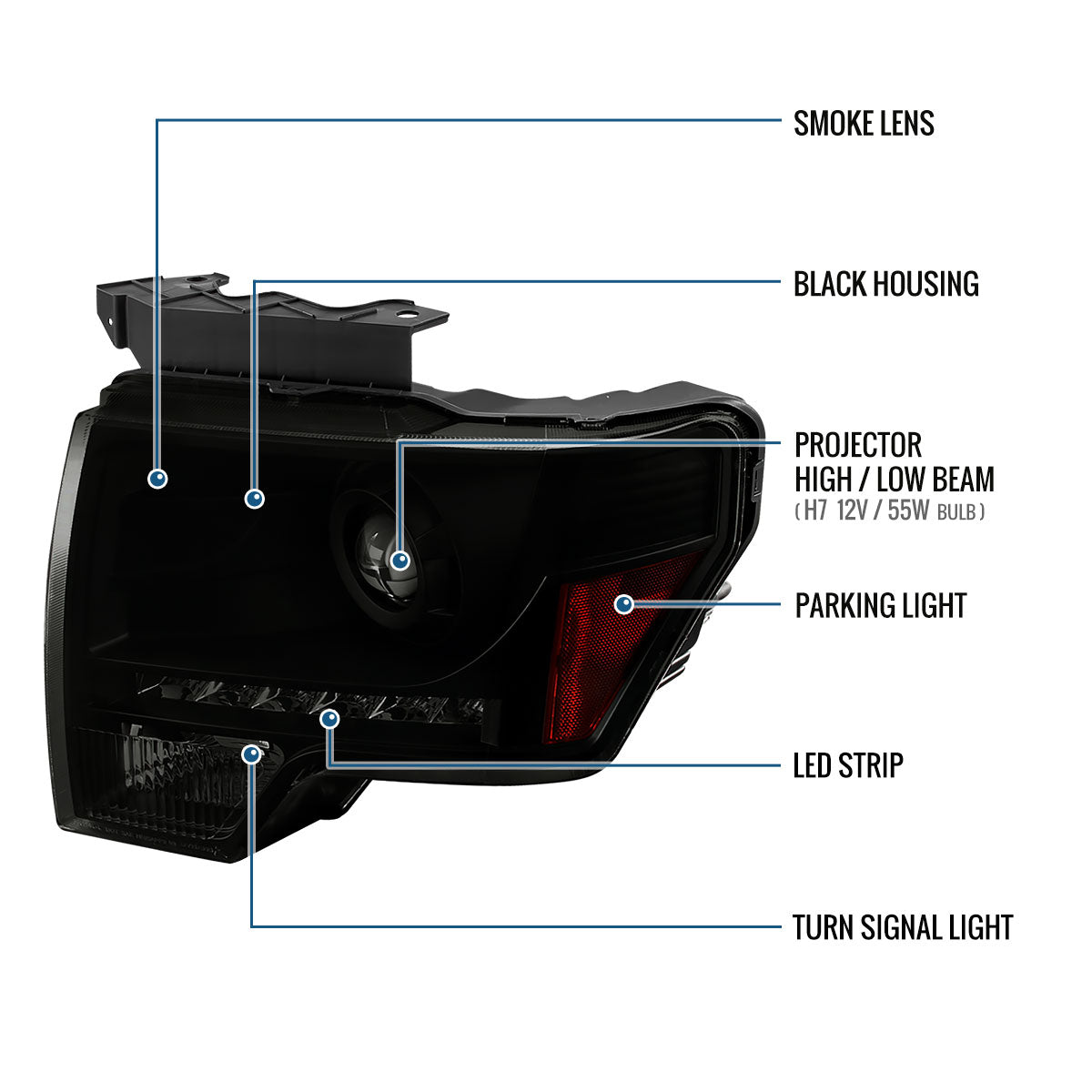 Ronnin - Fits 2009-2014 Ford F150 Pickup Truck Retro Style Replacement LED Running Lights Projector Halogen Headlights Assembly Pair | Black Smoke