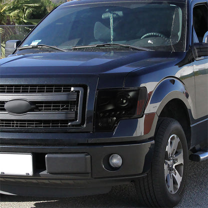 Ronnin - Fits 2009-2014 Ford F150 Pickup Truck Retro Style Replacement LED Running Lights Projector Halogen Headlights Assembly Pair | Black Smoke