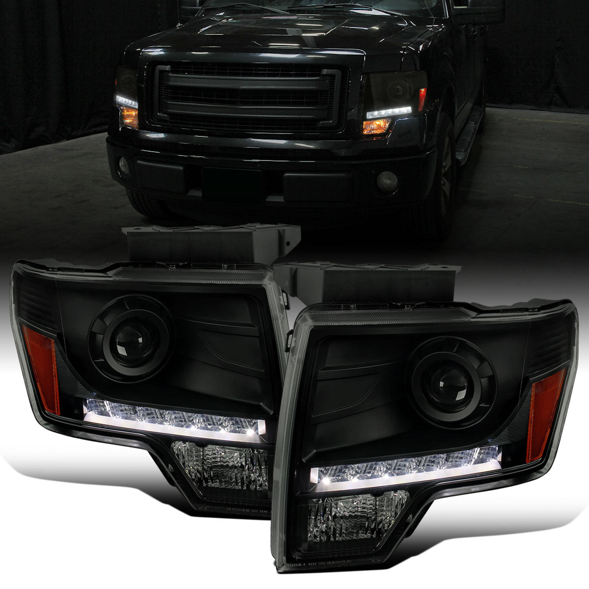 Ronnin - Fits 2009-2014 Ford F150 Pickup Truck Retro Style Replacement LED Running Lights Projector Halogen Headlights Assembly Pair | Black Smoke