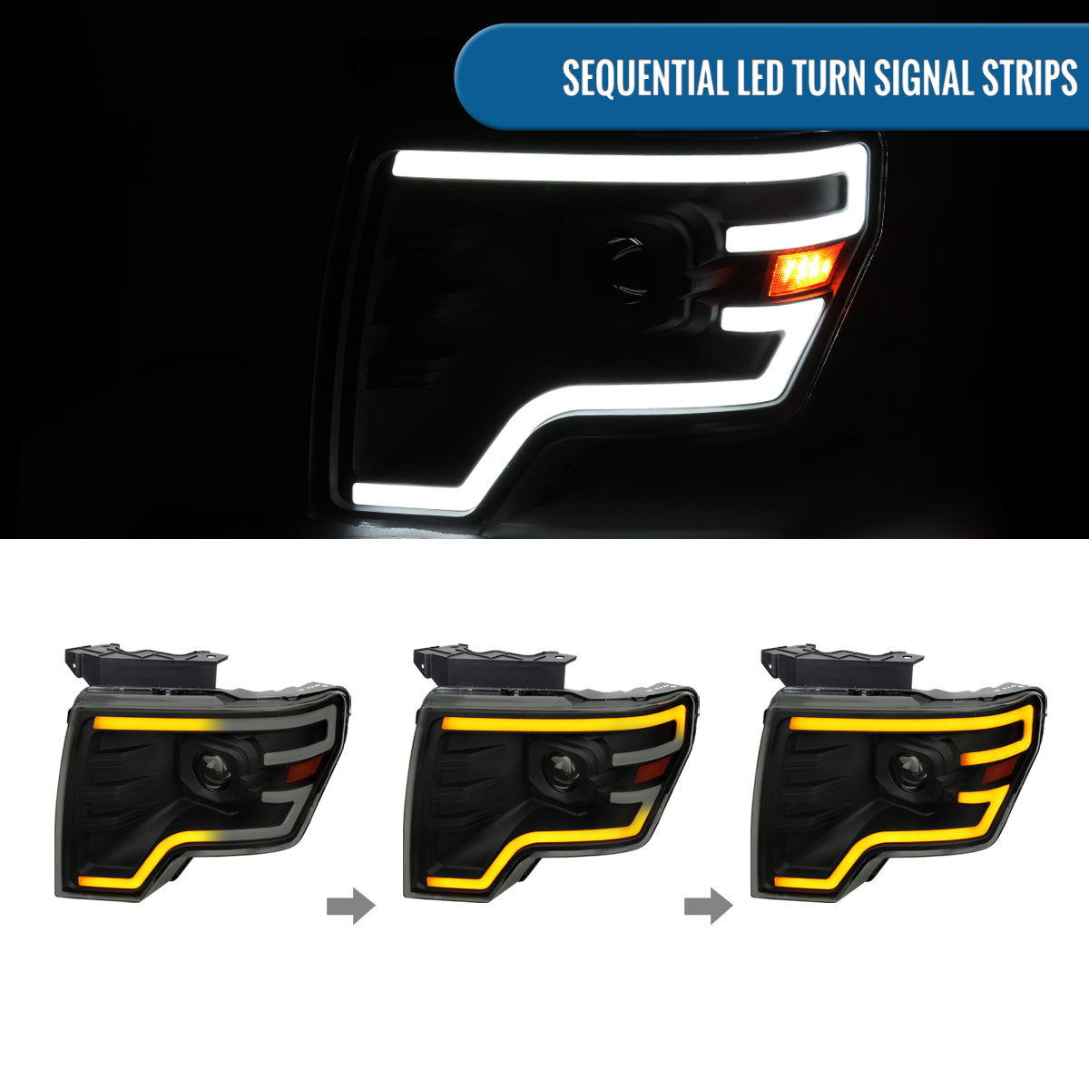 Ronnin - Fits 2009-2014 Ford F150 Pickup Truck Upgraded Halogen Projector Headlights LED Switchback Sequential Turn Signals + Animated Startup Effect Assembly Pair | Black Smoke