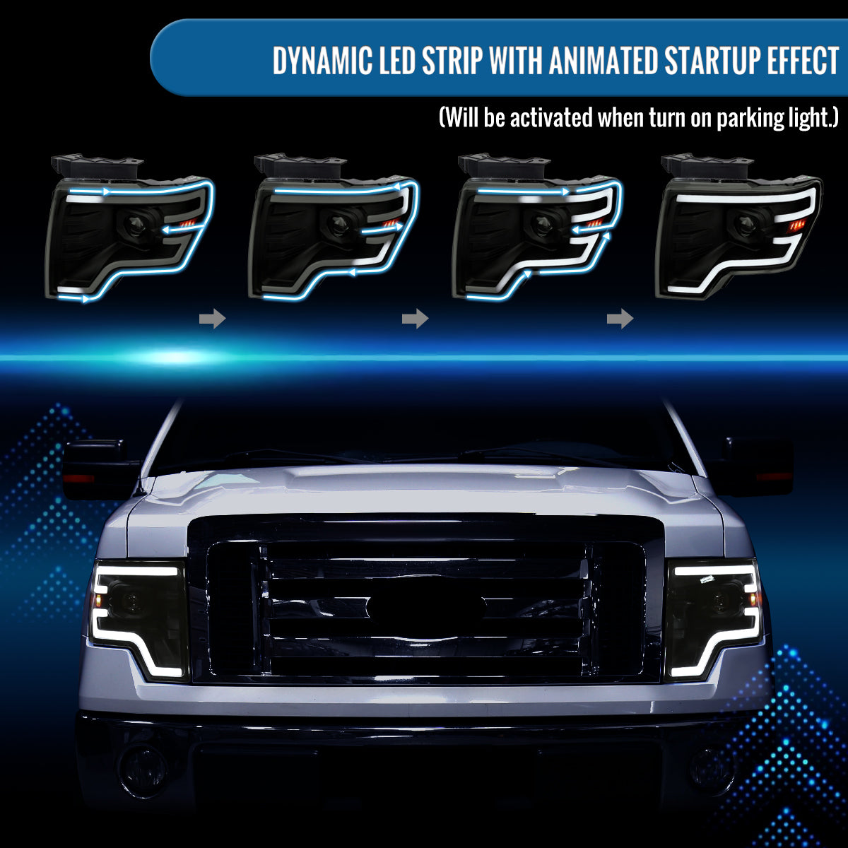 Ronnin - Fits 2009-2014 Ford F150 Pickup Truck Upgraded Halogen Projector Headlights LED Switchback Sequential Turn Signals + Animated Startup Effect Assembly Pair | Black Smoke
