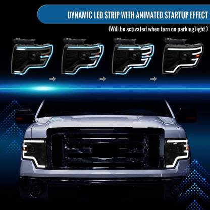 Ronnin - Fits 2009-2014 Ford F150 Pickup Truck Upgraded Halogen Projector Headlights LED Switchback Sequential Turn Signals + Animated Startup Effect Assembly Pair | Black Smoke