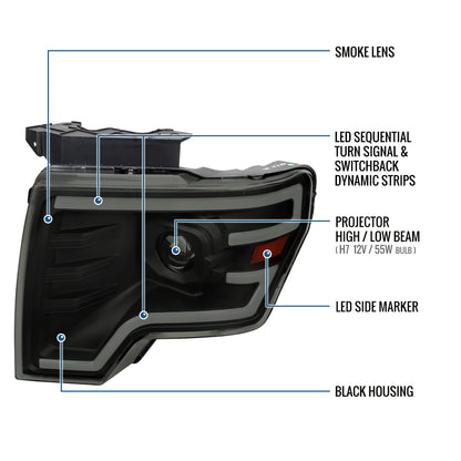 Ronnin - Fits 2009-2014 Ford F150 Pickup Truck Upgraded Halogen Projector Headlights LED Switchback Sequential Turn Signals + Animated Startup Effect Assembly Pair | Black Smoke