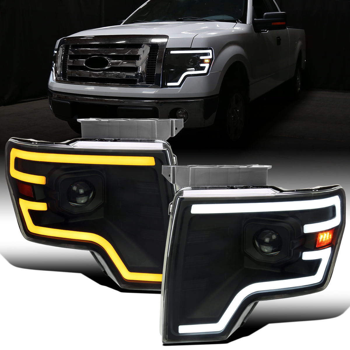 Ronnin - Fits 2009-2014 Ford F150 Pickup Truck Upgraded Halogen Projector Headlights LED Switchback Sequential Turn Signals + Animated Startup Effect Assembly Pair | Black Smoke