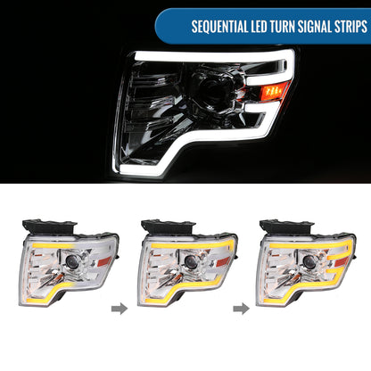 Ronnin - Fits 2009-2014 Ford F150 Pickup Truck Upgraded Halogen Projector Headlights LED Switchback Sequential Turn Signals + Animated Startup Effect Assembly Pair | Chrome