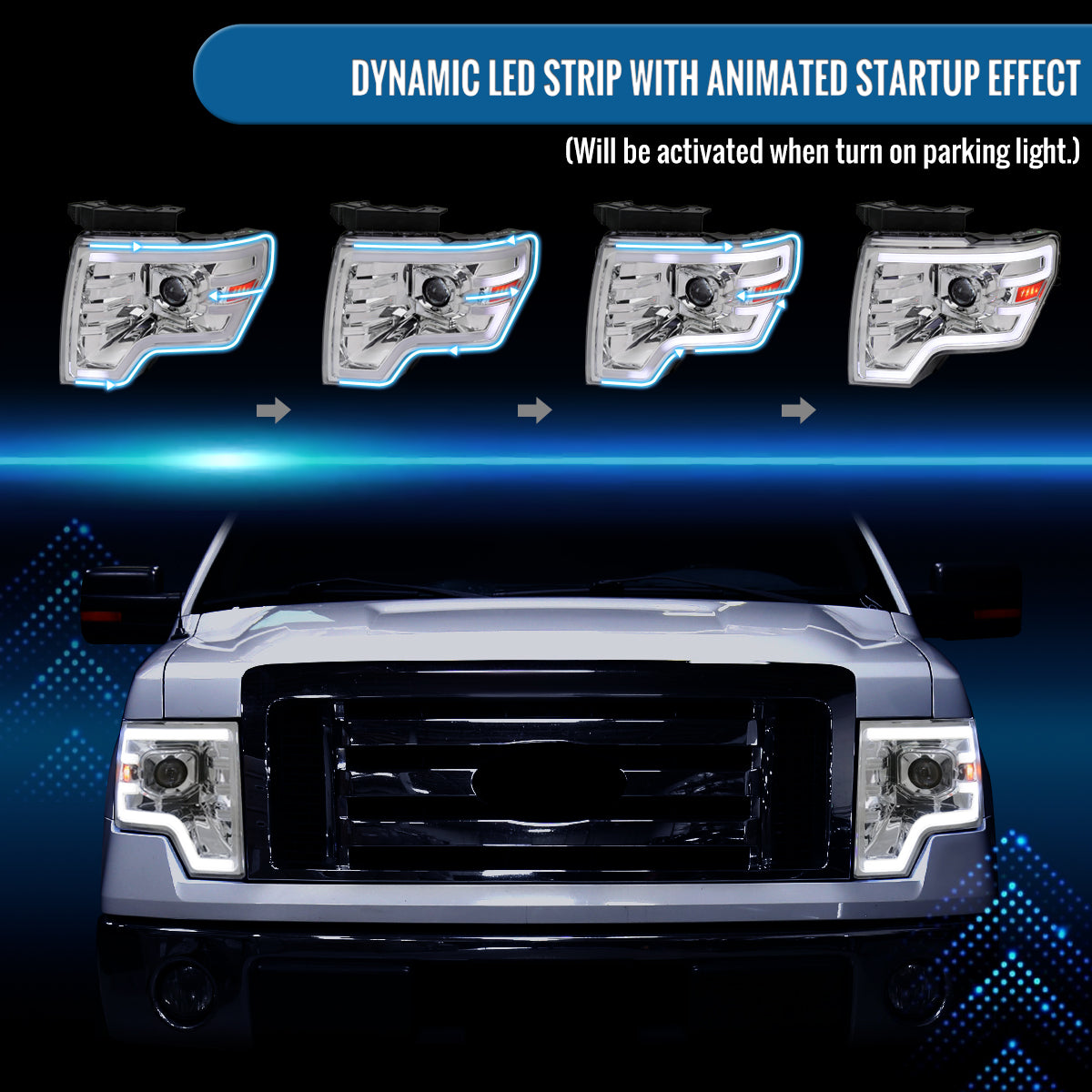 Ronnin - Fits 2009-2014 Ford F150 Pickup Truck Upgraded Halogen Projector Headlights LED Switchback Sequential Turn Signals + Animated Startup Effect Assembly Pair | Chrome