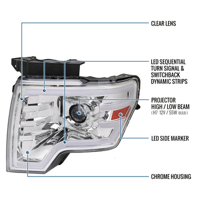 Ronnin - Fits 2009-2014 Ford F150 Pickup Truck Upgraded Halogen Projector Headlights LED Switchback Sequential Turn Signals + Animated Startup Effect Assembly Pair | Chrome