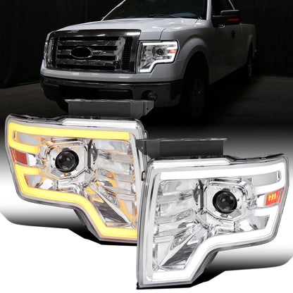 Ronnin - Fits 2009-2014 Ford F150 Pickup Truck Upgraded Halogen Projector Headlights LED Switchback Sequential Turn Signals + Animated Startup Effect Assembly Pair | Chrome