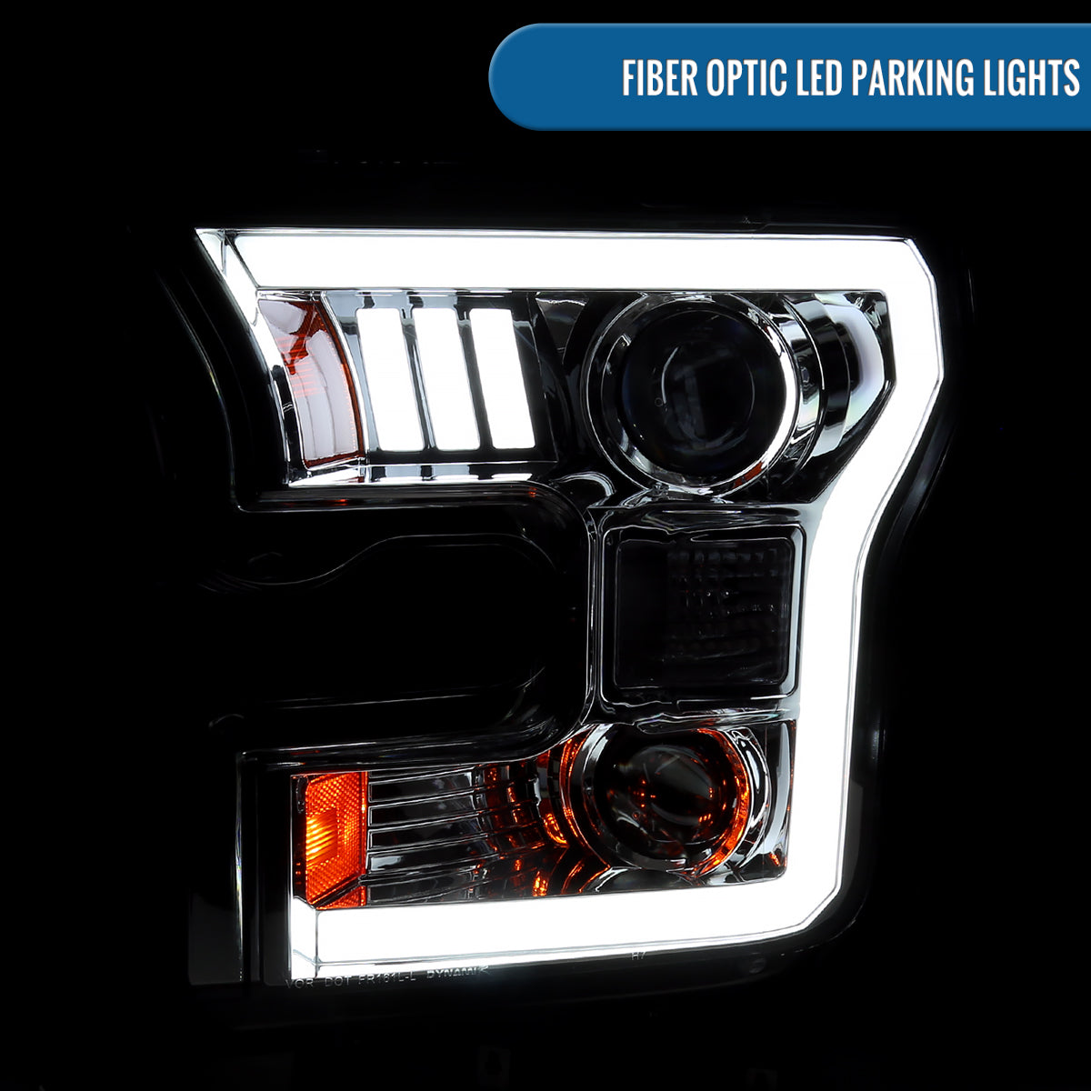 Ronnin - Fits 2015-2017 Ford F150 LED Tube Halogen Dual Projector Headlights Assembly Pair | Chrome