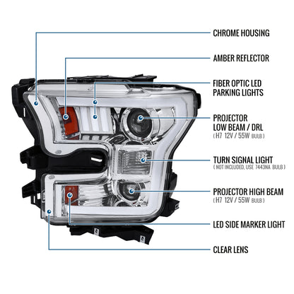 Ronnin - Fits 2015-2017 Ford F150 LED Tube Halogen Dual Projector Headlights Assembly Pair | Chrome