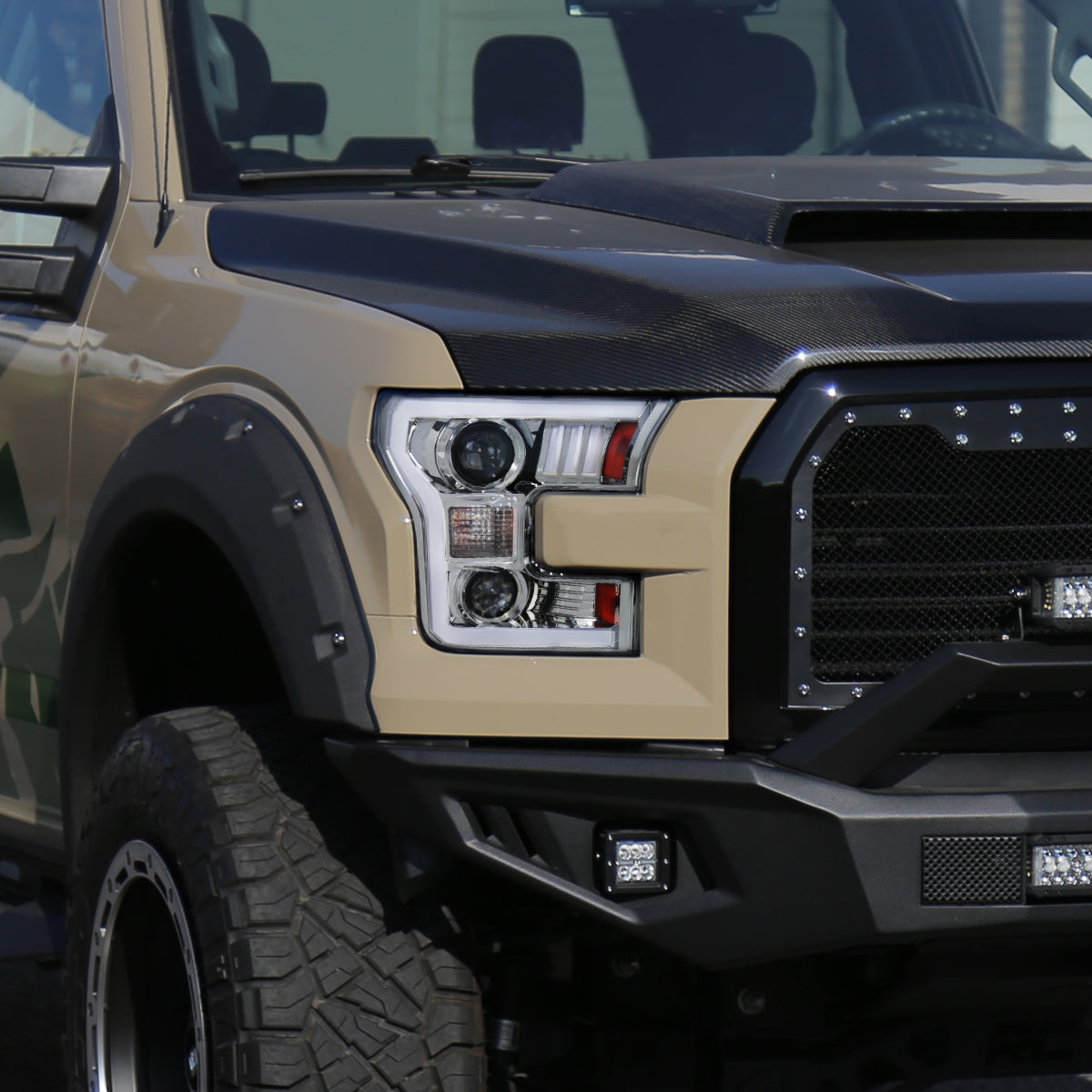 Ronnin - Fits 2015-2017 Ford F150 LED Tube Halogen Dual Projector Headlights Assembly Pair | Chrome