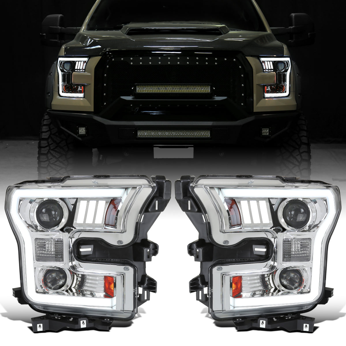 Ronnin - Fits 2015-2017 Ford F150 LED Tube Halogen Dual Projector Headlights Assembly Pair | Chrome