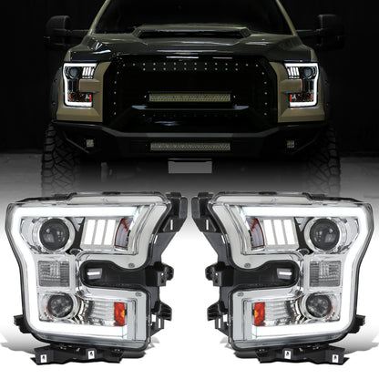 Ronnin - Fits 2015-2017 Ford F150 LED Tube Halogen Dual Projector Headlights Assembly Pair | Chrome