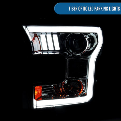 Ronnin - Fits 2015-2017 Ford F150 LED Tube Halogen Dual Projector Headlights Assembly Pair | Smoke