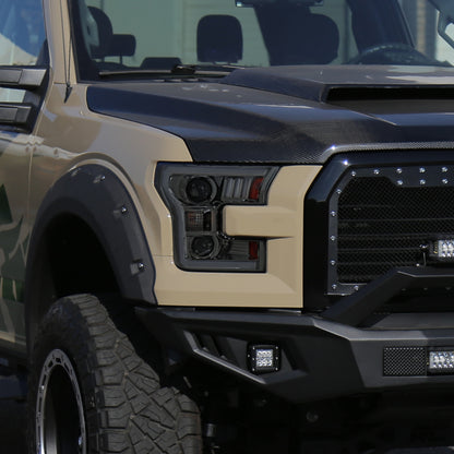 Ronnin - Fits 2015-2017 Ford F150 LED Tube Halogen Dual Projector Headlights Assembly Pair | Smoke