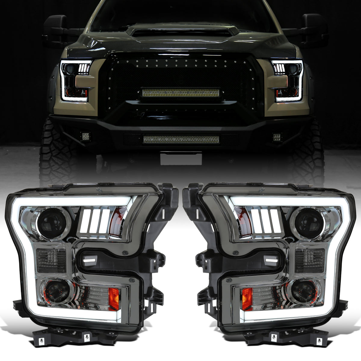 Ronnin - Fits 2015-2017 Ford F150 LED Tube Halogen Dual Projector Headlights Assembly Pair | Smoke
