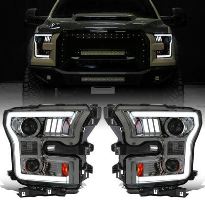 Ronnin - Fits 2015-2017 Ford F150 LED Tube Halogen Dual Projector Headlights Assembly Pair | Smoke