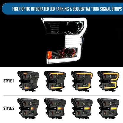 Ronnin - Fits 2015-2017 Ford F150 Halogen Dual Projector Headlights LED DRL Switchback Sequential Turn Signals With 2 Lighting Patterns  Assembly Pair | Smoke