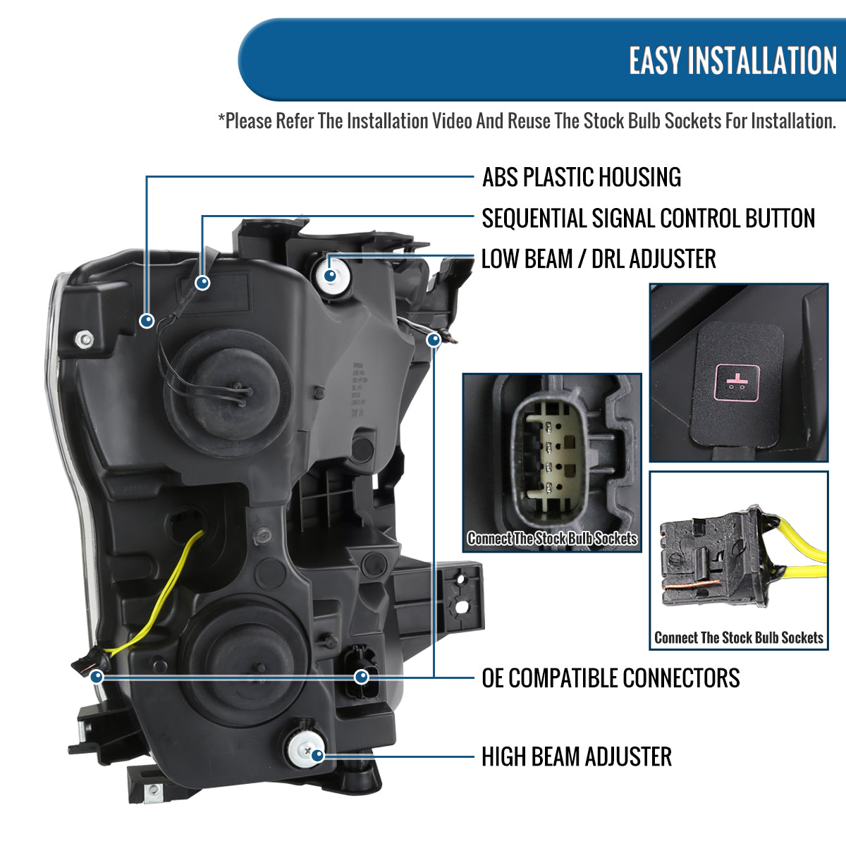 Ronnin - Compatible con Ford F150 de 2015-2017 Faros delanteros de proyector doble halógenos con DRL LED, intermitentes secuenciales conmutables y 2 patrones de iluminación | Par de montaje | Negro humo