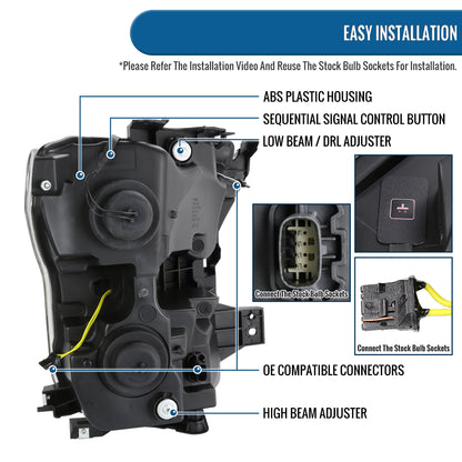Ronnin - Faros delanteros dobles de proyector halógeno para Ford F150 2015-2017 con intermitentes secuenciales LED DRL con 2 patrones de iluminación. Par de montaje | Negro