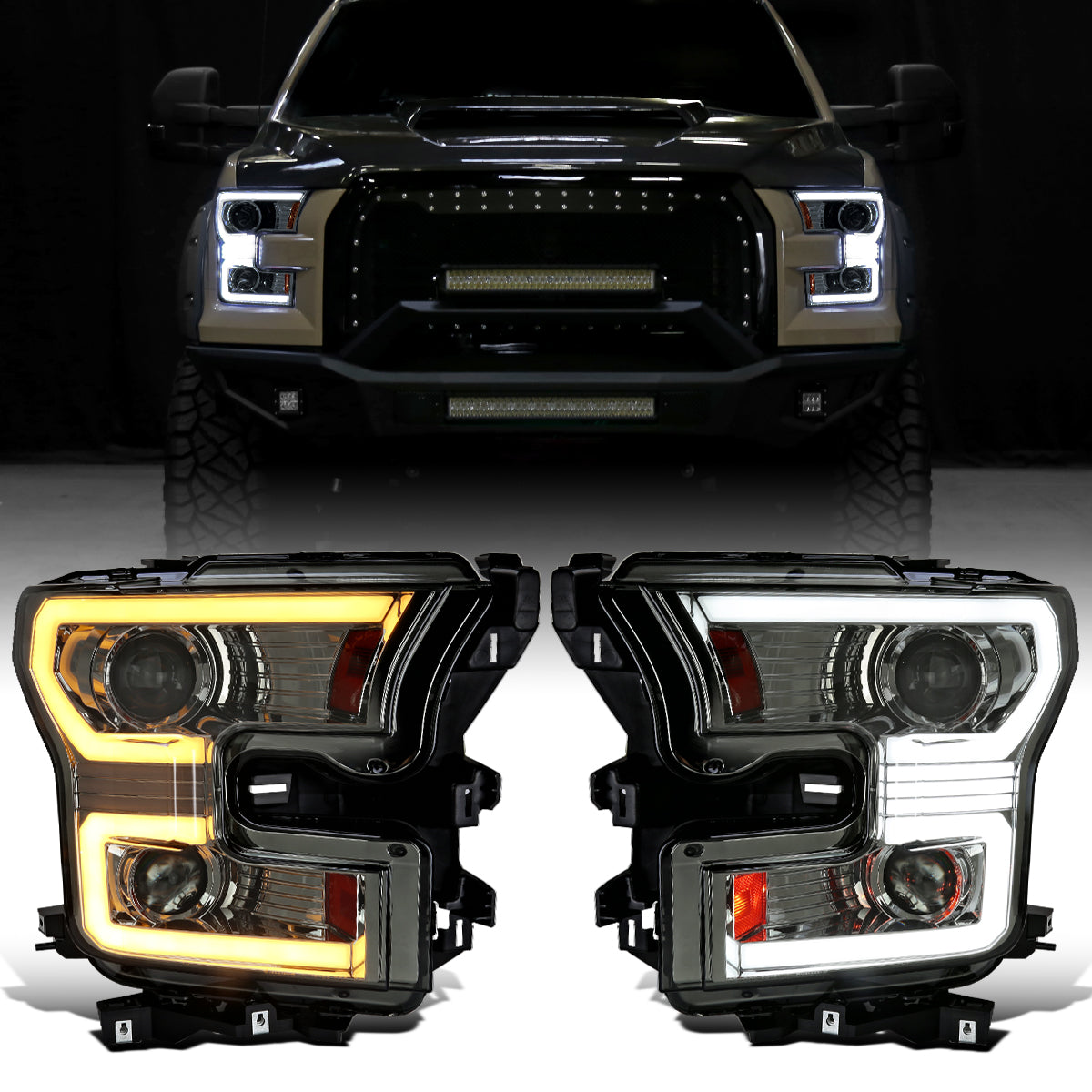 Ronnin - Fits 2015-2017 Ford F150 Halogen Dual Projector Headlights LED DRL Switchback Sequential Turn Signals With 2 Lighting Patterns  Assembly Pair | Smoke
