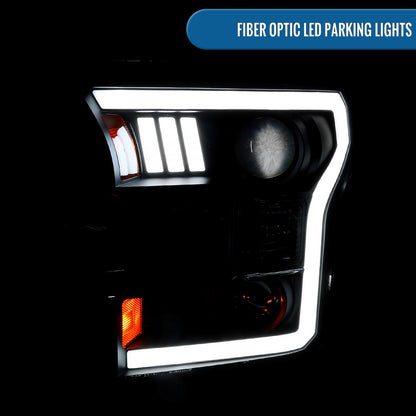 Ronnin - Fits 2015-2017 Ford F150 LED Tube Halogen Dual Projector Headlights Assembly Pair | Black