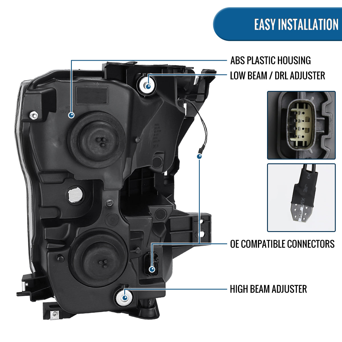 Ronnin - Fits 2015-2017 Ford F150 LED Tube Halogen Dual Projector Headlights Assembly Pair | Black