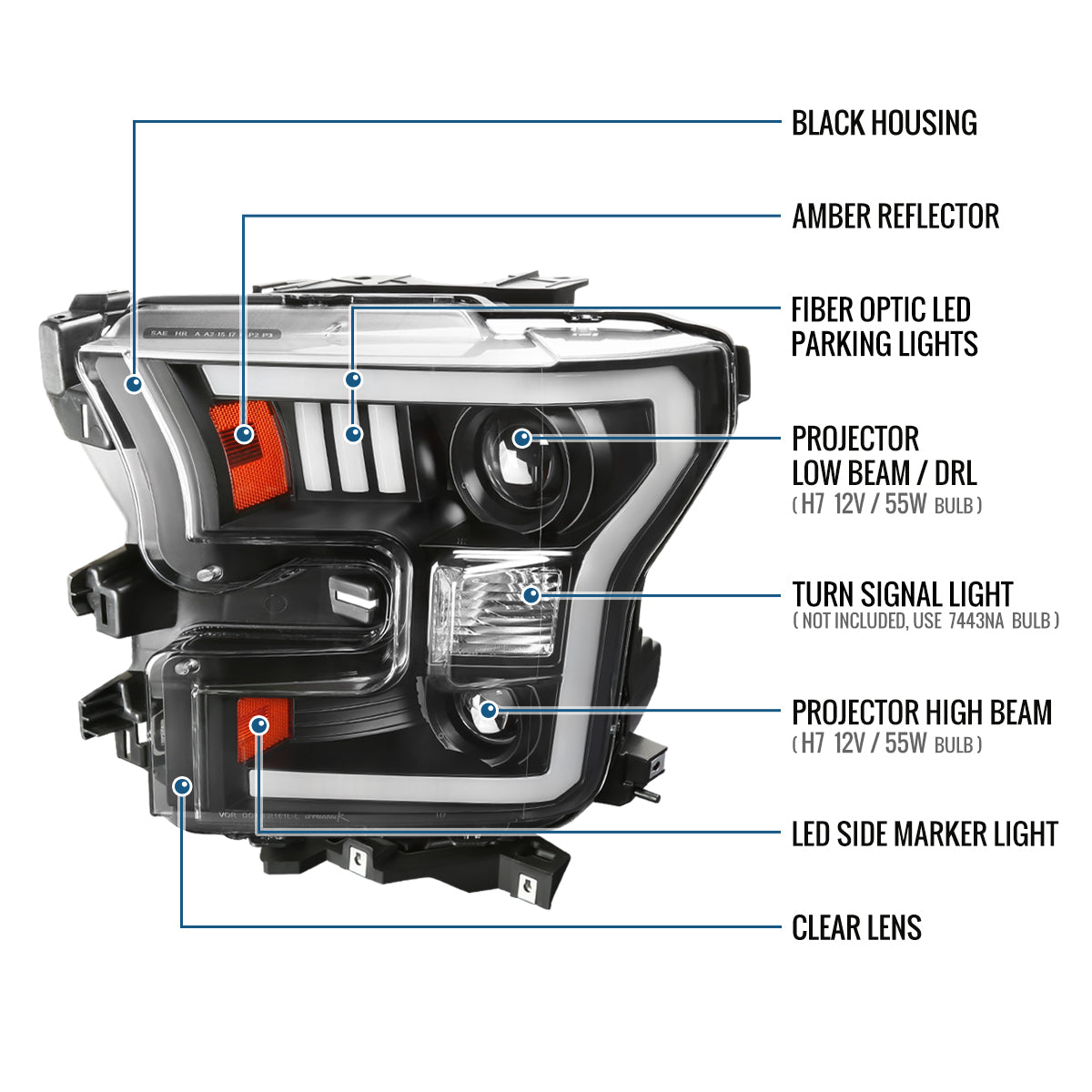 Ronnin - Fits 2015-2017 Ford F150 LED Tube Halogen Dual Projector Headlights Assembly Pair | Black