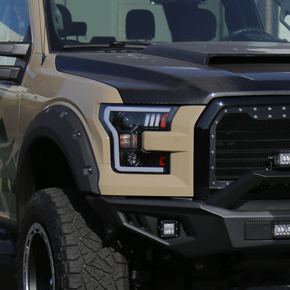 Ronnin - Fits 2015-2017 Ford F150 LED Tube Halogen Dual Projector Headlights Assembly Pair | Black