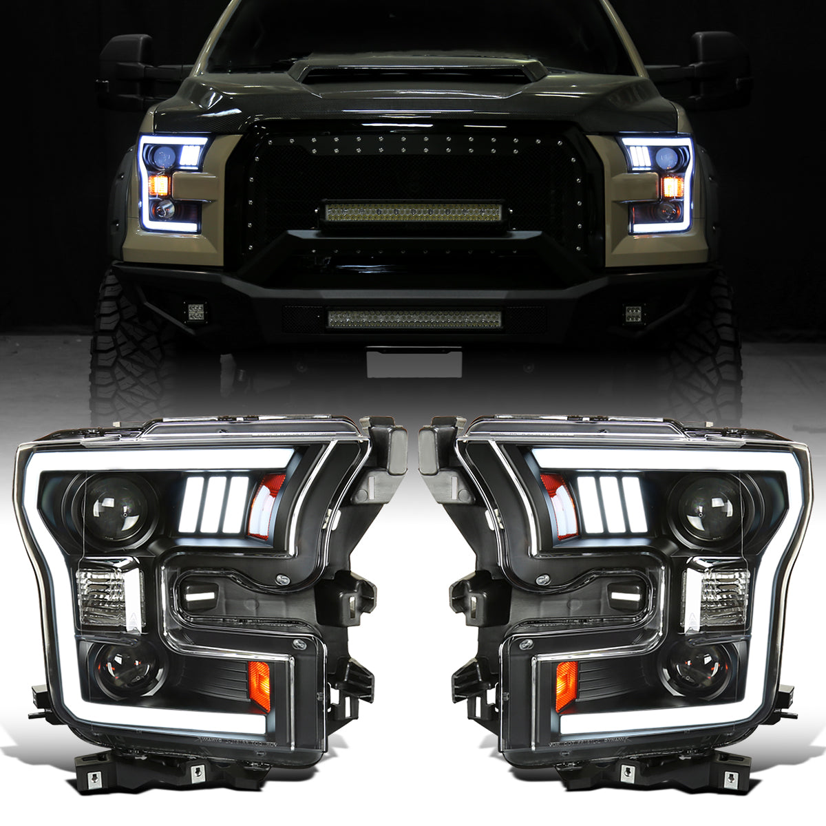 Ronnin - Fits 2015-2017 Ford F150 LED Tube Halogen Dual Projector Headlights Assembly Pair | Black