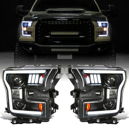 Ronnin - Fits 2015-2017 Ford F150 LED Tube Halogen Dual Projector Headlights Assembly Pair | Black