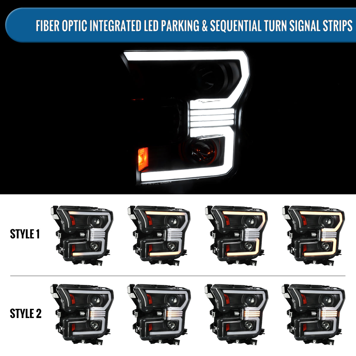 Ronnin - Fits 2015-2017 Ford F150 Halogen Dual Projector Headlights LED DRL Switchback Sequential Turn Signals With 2 Lighting Patterns  Assembly Pair | Black