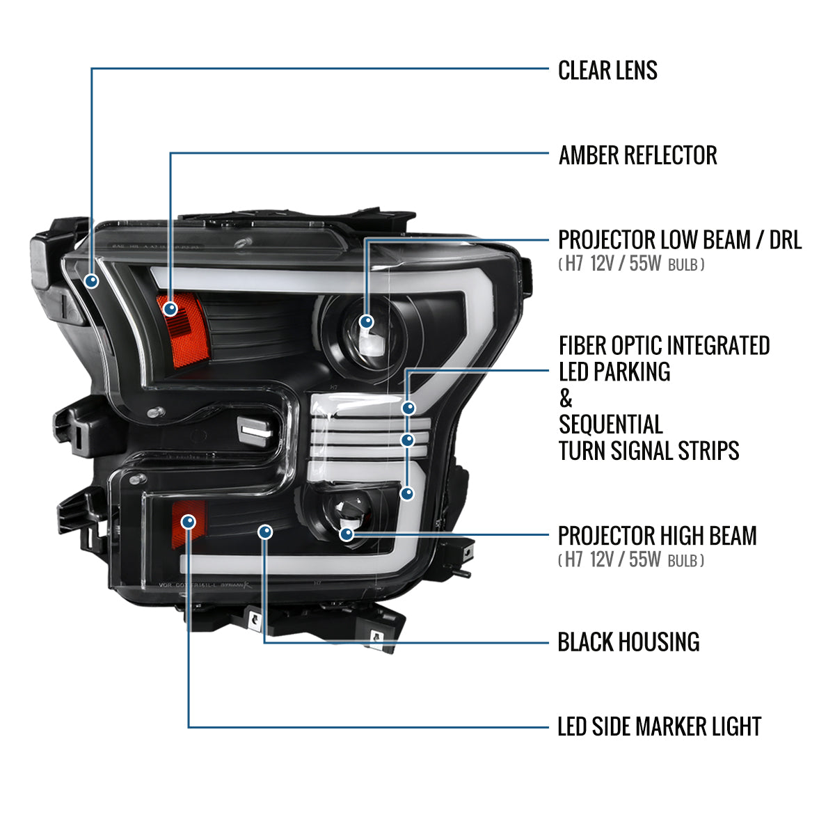 Ronnin - Fits 2015-2017 Ford F150 Halogen Dual Projector Headlights LED DRL Switchback Sequential Turn Signals With 2 Lighting Patterns  Assembly Pair | Black